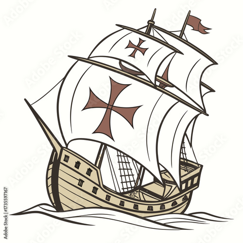 Illustration of a caravel ship, featuring its distinctive sails adorned with crosses, representing a significant era of maritime exploration and cultural exchange