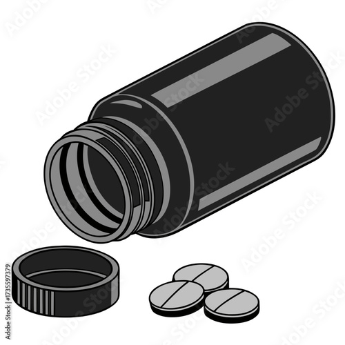 Vector art of pills spilling from a dark bottle with the lid off a simple illustration of medication, health, and wellness, suitable for various design projects