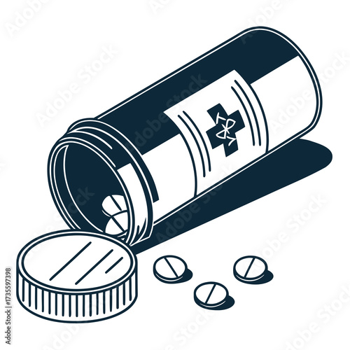 Illustration of a bottle of pills spilling out with the cap off medication and healthcare concept pharmaceutical product and prescription drug for treatment