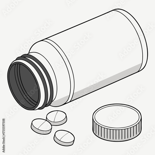 Illustration of a bottle of pills lying on its side with the lid off, the bottle is white and there are three pills next to it