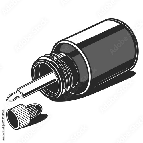 Illustration of a bottle of glue lying on its side with the lid off, the bottle is black and white and has a nozzle for dispensing the glue