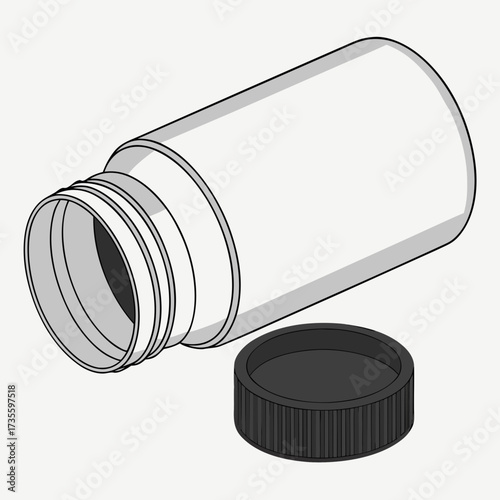 Illustration of a medicine bottle with the lid off, perfect for illustrating medical supplies, pharmaceutical products, or healthcare concepts in a clear and simple way