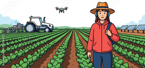 Woman farmer monitors field with drone and tractor using modern technology