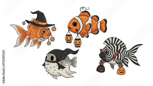 Festive Aquarium: A collection of whimsical fish dressed in Halloween attire, including witch hats and masks, each clutching miniature jack-o'-lanterns.
