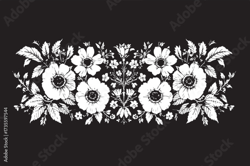 Elegant laser cut black and white floral frame design featuring beautifully arranged flowers and leaves.