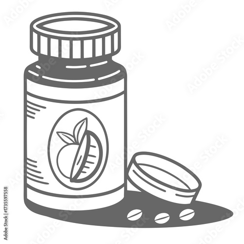 Vector art of monochrome illustration of a vitamin bottle with fruit label, cap off, and pills spilled, , ideal for health, wellness, supplements, and natural remedies