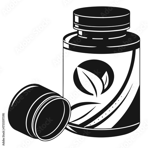 Illustration of a bottle of herbal medicine with an open lid the bottle has a label with a leaf design, suggesting natural ingredients and wellness