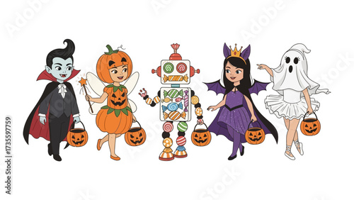 Halloween Costume Characters: Vibrant, cartoonish illustrations capture the essence of Halloween with diverse, costumed characters ready for trick-or-treating, full of playful spooky joy.