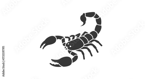 Silhouette of a scorpion with its tail raised and claws open, isolated on a white background.