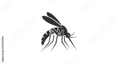 A stylized, monochromatic illustration of a mosquito with detailed body features, wings, and legs.