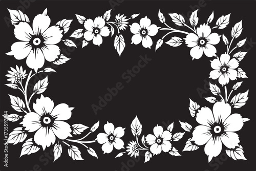 Elegant laser cut black and white floral frame design featuring beautifully arranged flowers and leaves.