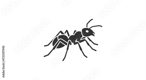 A black silhouette of an ant with six legs and antennae, isolated on a white background.
