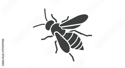 A stylized illustration of a bee in flight, depicted in a minimalist black and white style.