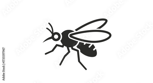 A simple black and white illustration of a wasp insect with wings and legs.