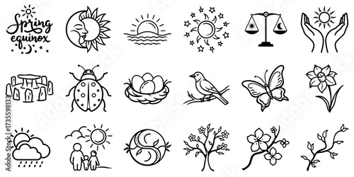 Spring Equinox celebration icon set on transparent background  
