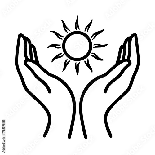 Hands holding a sun symbol in a minimalistic style for spring equinox  