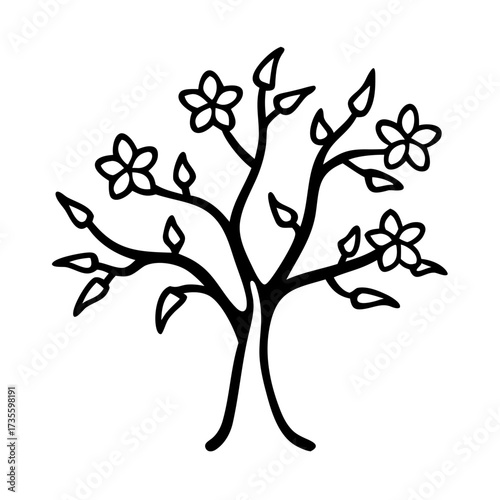 Blooming tree with flowers in minimalist design for spring equinox celebration  