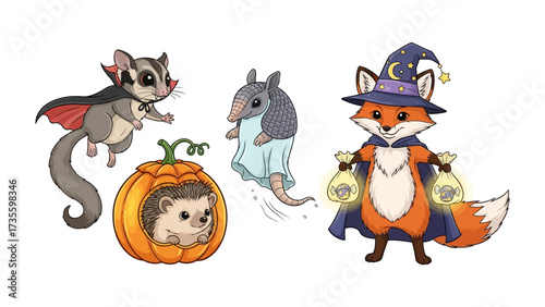 Halloween Animals: Adorable illustrations of a sugar glider vampire, armadillo ghost, hedgehog in pumpkin, and fox wizard, perfectly capturing the spirit of Halloween. 
