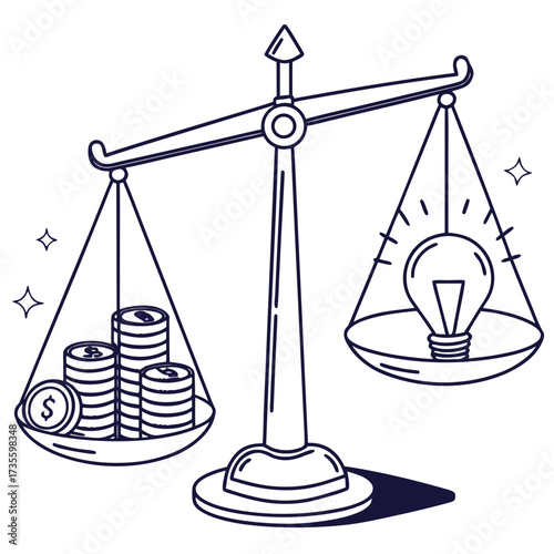 Vector art of a balance scale showing money and a light bulb, representing the concept of balancing financial resources with innovative ideas