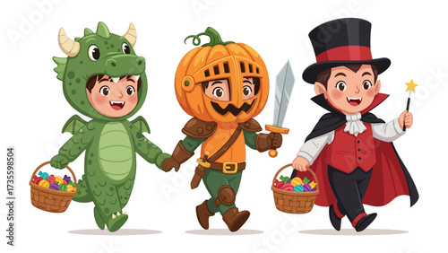 Children's Halloween Fantasy: A vibrant scene of Halloween adventure, three children in imaginative costumes: a dragon, a pumpkin knight, and a vampire, holding Easter baskets with a smile. 