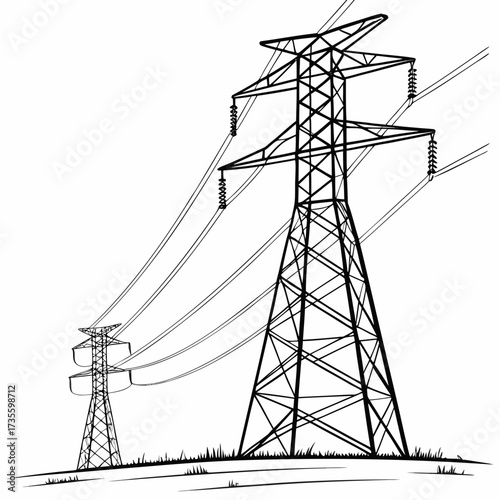 Vector art of a captivating monochrome illustration showcasing two towering electricity pylons standing tall against a pristine white backdrop, , symbolizing power and energy transmission