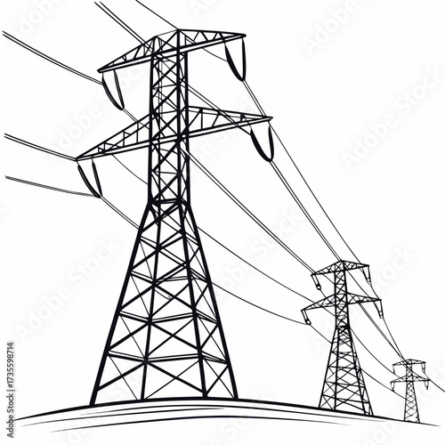 Vector art of highvoltage power lines, transmitting electrical energy across the landscape, ensuring reliable electricity distribution to homes and industries