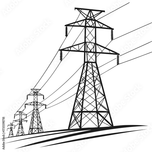 Vector art of highvoltage power lines, crucial infrastructure for transmitting electrical energy, ensuring reliable electricity distribution to homes and businesses