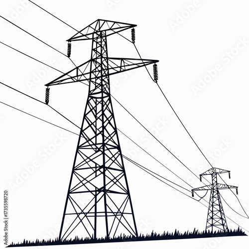 Vector art of highvoltage power lines, essential infrastructure for transmitting electrical energy, ensuring reliable electricity distribution to homes and industries