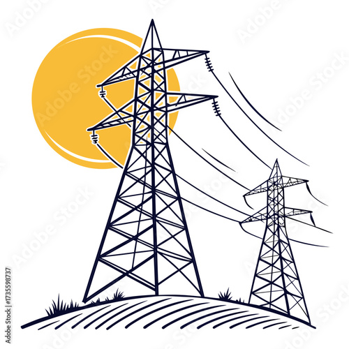Vector art of a vibrant illustration showcasing two electricity pylons standing tall against a sun backdrop, , symbolizing power and energy transmission in a modern world