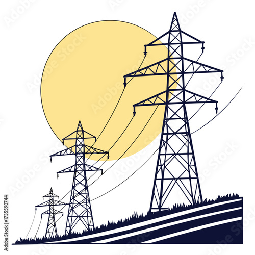 Vector art of a striking illustration showcasing three electricity pylons standing tall against a sun backdrop, , symbolizing power and energy transmission in a modern world
