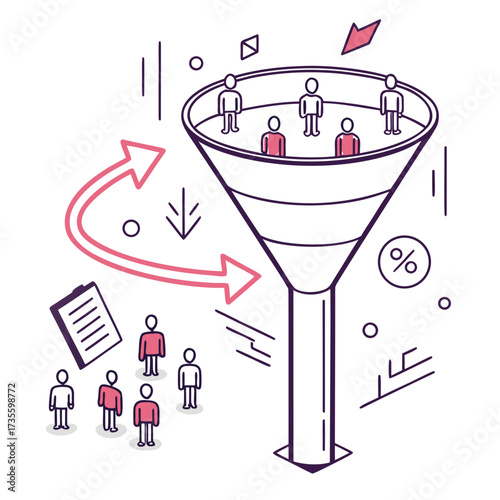 Vector art of a vector illustration of a sales funnel with people at the top and bottom
