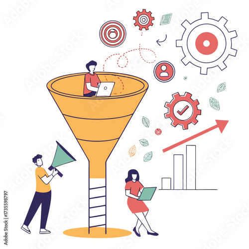 Vector art of a sales funnel illustration showing a team working to convert leads into customers, a man speaks into a megaphone, a woman works on a laptop, and a man works inside the funnel