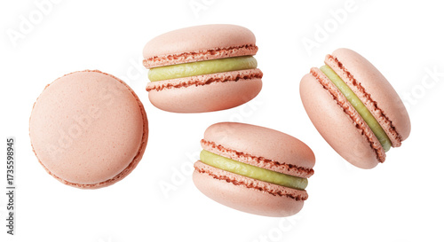 Bild auf Leinwand Four pink macarons with green filling isolated on transparent background, delici