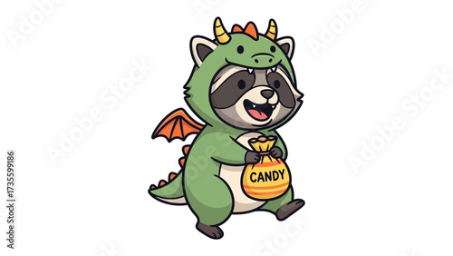 Adorable Raccoon in Dragon Costume: An illustrated raccoon, joyfully dressed in a vibrant dragon costume, clutches a candy bag, embodying playful Halloween spirit.