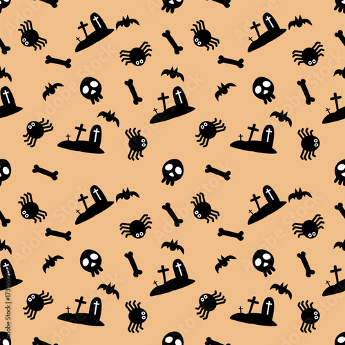 halloween seamless pattern with
Bats, graveyards, skulls, ghost bon on orange background Good for wrapping paper, fabric,carpet and wallpaper