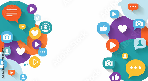 Collage of social media icon bubbles and shapes in various colors, isolated on white background