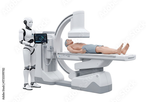 Advanced robotic medical imaging system featuring a patient undergoing scan with futuristic technology