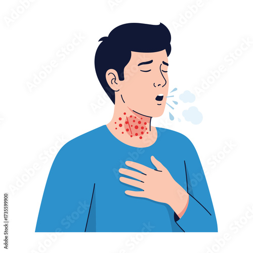 Man suffering from itchy throat and coughing due to allergic reaction.