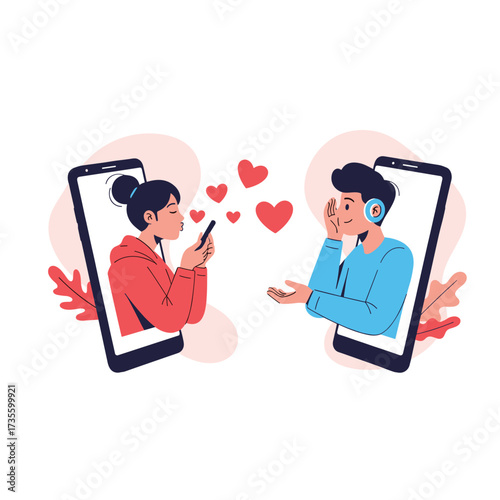 Couple communicating via mobile phones with hearts floating between them.