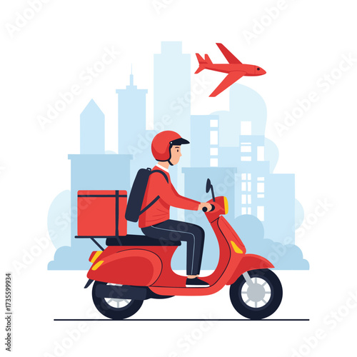 Express delivery service with a motorcycle courier and an airplane in the sky.