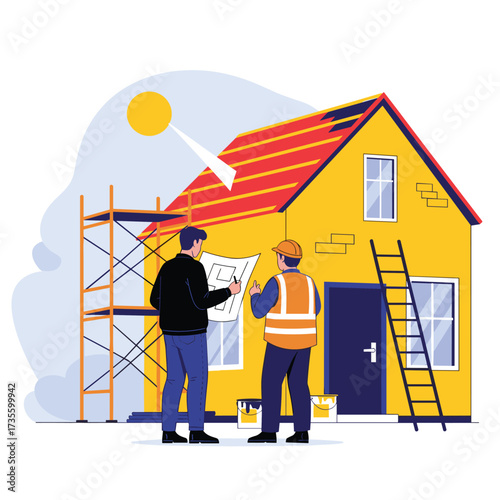 Two builders examining the blueprints for a house renovation.