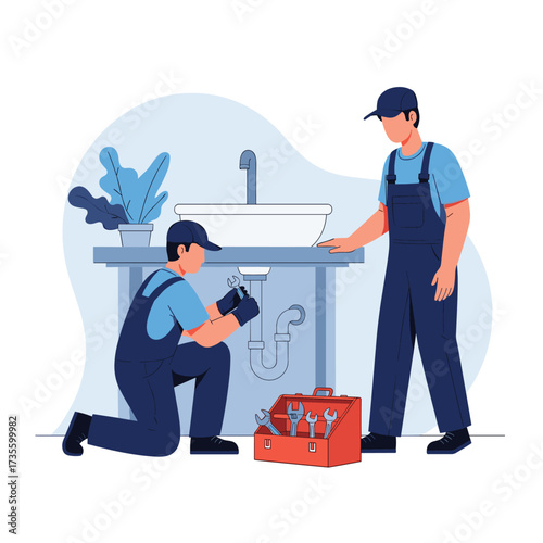Two plumbers working on a kitchen sink.