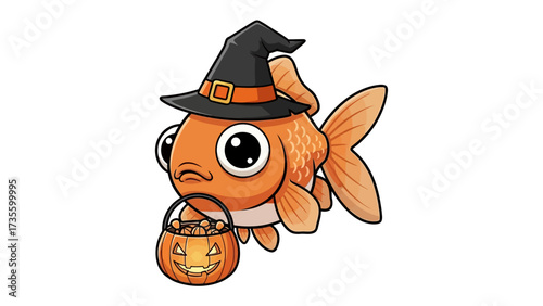 Halloween Goldfish: An adorable goldfish wearing a witch hat and carrying a pumpkin-shaped candy bucket, creating a fun, cartoonish atmosphere, perfect for Halloween celebration.