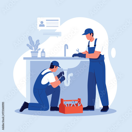 Two plumbers working together to fix a sink problem.