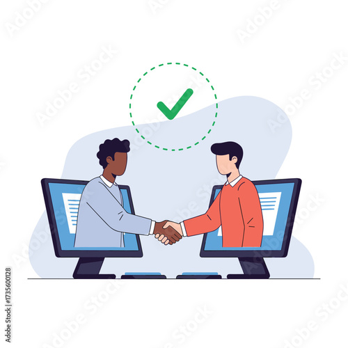Two individuals shake hands through computer screens symbolizing a successful remote agreement.