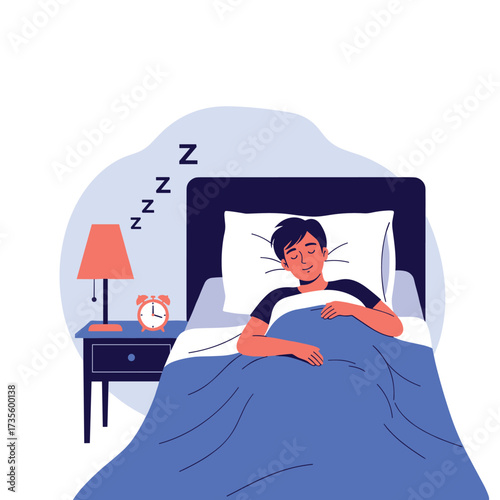 A person sleeping peacefully in a cozy bed with a bedside table.
