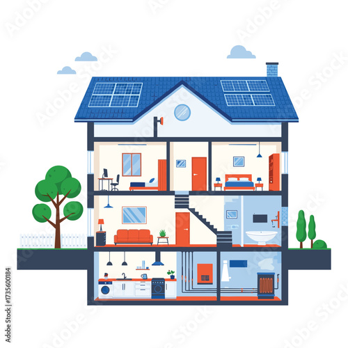 An illustration of a modern house showing its various levels and rooms.