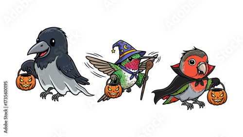 Spooky Halloween Birds: These adorable, illustrated birds are all dressed up for Halloween, ready to go trick-or-treating.  