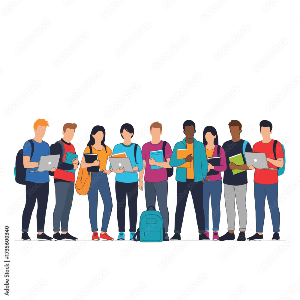 Obraz premium A group of diverse young students posing together with their books and laptops.