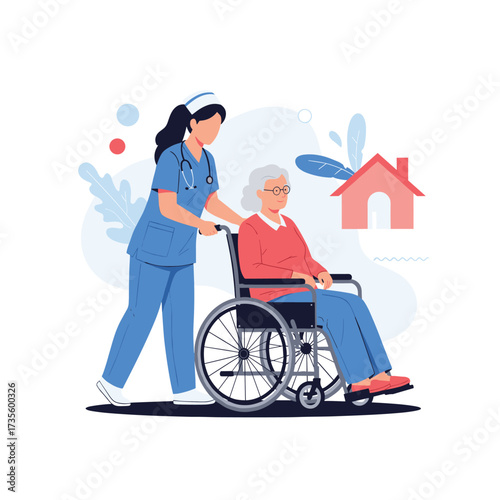 A caregiver assisting an elderly woman in a wheelchair outdoors.